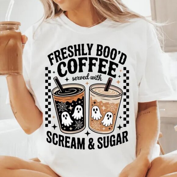 Tops - Ghost Halloween Coffee Shirt, Boo Coffee Tee, Funny Ghost Shirt, Spooky Season